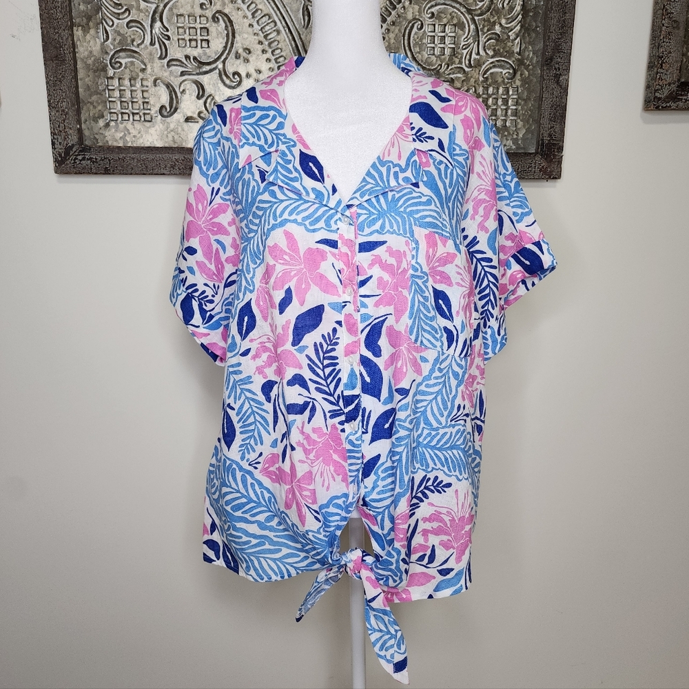 Linen Charter Club Women's Vibrant Tropical Floral Tie-Front Button-up Blouse XL